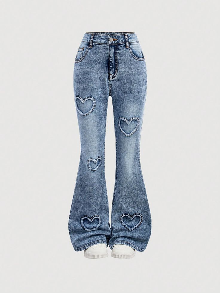 Stonewashed Heart Pattern Flare Leg Jeans